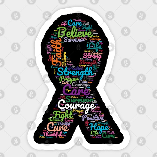 Cancer Awareness Ribbon With Positive Support Words Sticker by Rosemarie Guieb Designs